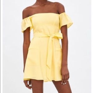 ZARA yellow A-line off-the-shoulder mini dress